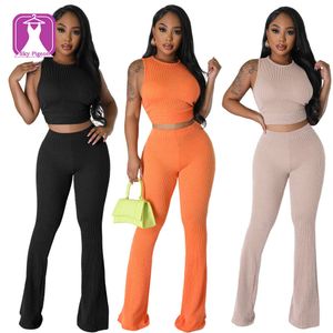 Hot Sale Summer Rib Knit Twill Sleeveless Vest Crop Top Flare Pants Women Ribbed 2 Piece Sets
