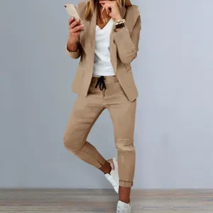 Women's Two Piece Pants 2 Pcs/Set Women Coat Set Solid Color Business Long Sleeves Drawstring Elastic Waist Lapel Blazer Trousers Suit