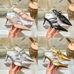 Med ruta 2024 Designer High Heels Women Dress Shoes Luxury Sandals Kitten Platform Black White Silver Leather Rivet Peep-Toes Slingback Gold 6 8CM Wedding Shoe 35-42