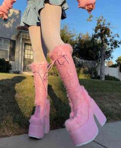 Botas botas de neve para mulheres plataforma de moda robuste no calcanhar gótico joelho calça alta bezerro de inverno sapatos de outono 2022 açúcar rosa T2209156819457