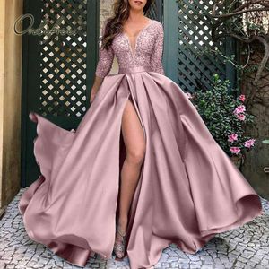 2023 Length Long Party Elegant Lady Lace Sequin Split Satin Sexy Maxi Evening Dress S-5XL L2405