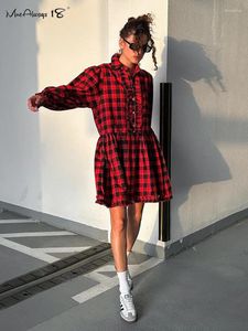 Casual Dresses Red Brightly A-Line Shirts Women Long Sleeve Street Style Lapel Plaid Dress Spring 2024 Gingham Mini