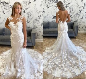 Bohemian Floral Lace Mermaid Wedding Dresses Sheer Neck Sexy Backless Bridal Gowns Court Train With Appliques Vintage Bride Reception Vestidos De Novia CL3567