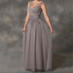 O-Neck Mutter der Braut Kleider funkelnde Pailletten Appliken Abend tragen Hochzeitskleid Kleid grau A-Linie Lange Abschlussballkleider