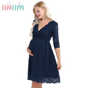 iiniim Womens Maternity Elegant Floral Lace Overlay V Neck Half Sleeve Gravid Photography Dress for Delta Weeding L2405