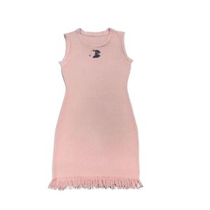 Women o-neck sleeveless logo camellia embroidery knitted tassel fringe bottom designer tank dress MLXL