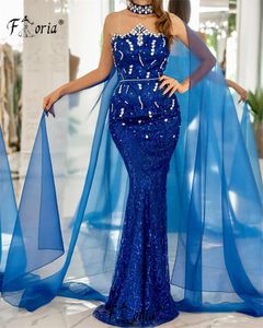 Blue High Neck Mermaid Long Cape Evening Party Gowns Crystals Beaded Elegant Formal Occasion Dresses For Women Couture Robes 240520