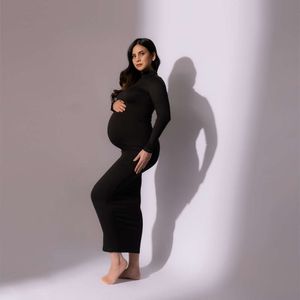 Wysokie szyja pełne rękawie chude dla fotografii w ciąży kobieta elastyczna długa sukienka L2405