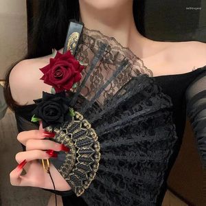 Dekoratif Figürinler Siyah Dantel Fan Bezi Çiçek Tüy Süsleri Katlanır Gotik Koyu Şarap Kırmızı Gül Pogerya Prop