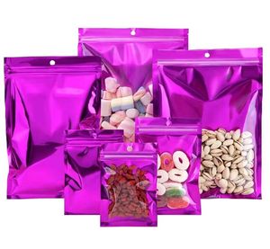 Zip Lock Purple Mylar Folie Clear Plastic Påse med Hang Hole Tear Thrach Self Seal Återanvändbar mat godischokladpaket