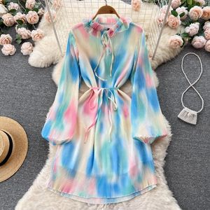Casual Dresses Autumn European And American Holiday Style Long-sleeved Tie-dye Print Loose Lace Pleated Dress Women