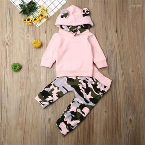 Kläderuppsättningar 0-24 Månterfödda babyflickor Kläder Set Animal Ear Pink Hoodies Sweatshirt Topps Girls Camouflage Pant Sports Outfit
