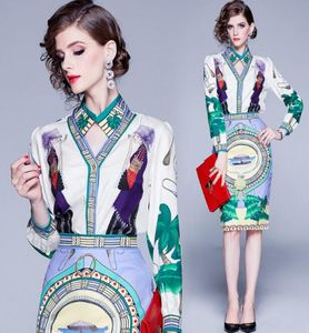 Luxury Printed Two Pieces Sets Dress Spring Fall Runway Women039s Long Sleeve Shirt Skirt Suit Office Lady Business Sexy Slim 5099844