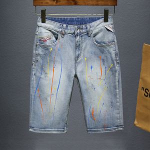 Summer Fashion Paint Denim Shorts Men's Casual Stretch Short Pants Retro Blue Streetwear