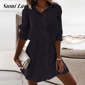 Casual Dresses Elegant Ladies Long Sleeve Single Breasted Office Dress Simple Solid Color Lapel Shirt 2024 Autumn Loose Mini