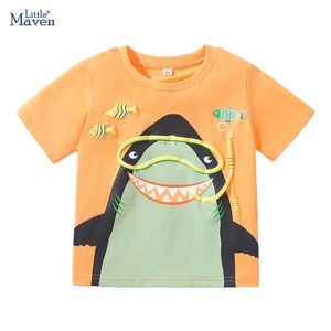 T-shirt Little Maven 2024 Childrens Abbigliamento Regali di compleanno Sotthers Teds Thirts Summer Cartoon Shark Animals Boys Boys Boys Abibiti Cotton Y240521
