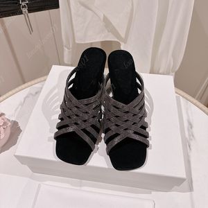 Luxury Women slippers classic rhinestone patent designer trapezoidal high heels woven sandals dress wedding party high heels