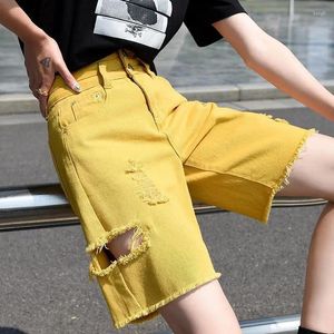 Jeans feminino shorts mulheres retro buracos de jeans amarelo chique harajuku casal de calça curta casual high street coreano ladies roupas y446