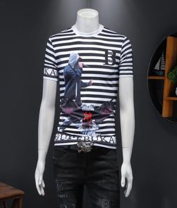 2022 new shortsleeved men039s tops trendy striped Tshirts mercerized cotton European embroidery printed casual bottoming shir7799026