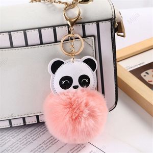 3PCS PU Leather Plush Animal Panda Keychain For Soft Faux Rabbit Fur Pom Fluffy Hairball Car Key Rings Women Bag Pendant