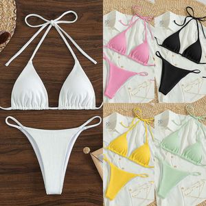 11 Colors Women Sexy Simple Solid Halter Bikini Swimsuit High Waisted Lace Up Beach Bathing Suit Special Pit Stripe Fabric 2024 L2405