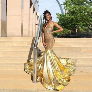 Gold Mermaid Prom Dress 2024 Rhinestone Crystal Graduation Party Gowns Sweep Train African Women Evening Dresses Custom 0521