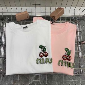 1111Miu Family Cherry Bead Letter Short sleeved Tshirt for Womens SpringSummer New Small Fresh Aging Solid Color Round Neck Topp