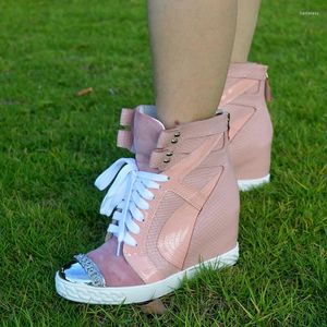 ブーツyue jabon metal golden toe high top top topwedパッチワークスニーカー女性バックジップインナーハイト増加スエード混合色のカジュアルシューズ