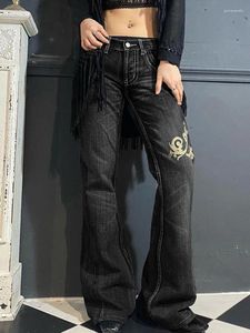 Kvinnors jeans svarta broderi flare vintage grunge punk goth byxor harajuku streetwear koreanska hippie byxor 90 -talet