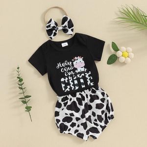 Zestawy odzieży Baby Girl Summer Ubrania Letter Drukuj Romper z krótkim rękawem z krowiem słonia szorty i stroje opaski na głowę