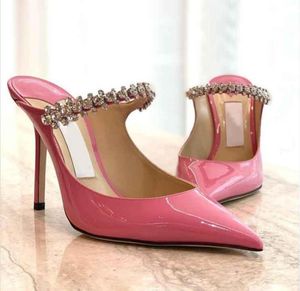 Letnia kobieta sandałowa śliski śliskie Bing 100 różowy patent skórki muły biżuterię pasek strass seksowne z oryginalnym pudełkiem6640095