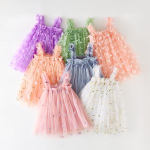 아기 어린이 의류 패션 귀여운 여자 나비 꽃 자수 메쉬 드레스 여름 여자 귀여운 해변 드레스 푹신한 카미솔 스커트 도매