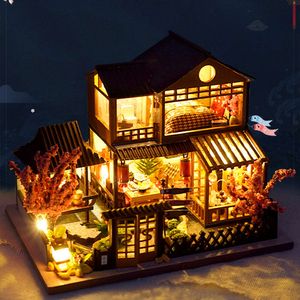 Kit de bonecas em miniatura DIY com móveis e luminosa sala de madeira inovadora sala de madeira