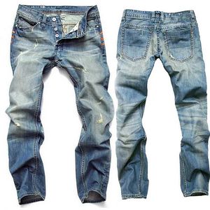 Herrbyxor blå rak knapp mens europeiska och amerikansk mode riva regelbundet lämpligt för denim jeans nostalgiska jeans överdimensionerade jeans alla säsonger J240510