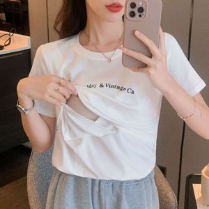 Feste weiße Buchstabe gedruckte Baumwolle Mutterschaft Pflege Tees Stillung T-Shirts für schwangere Frauen Schwangerschaft T-Shirt Tops L2405