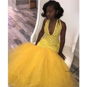 Mermaid Yellow Black Girls Prom Dresses Tull Lace Applique Beaded Floor Length Formal Evening Dress Party Gowns 0521