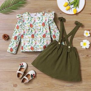 Clothing Sets Hot Selling Girls Outfits Kids Clothes 2 Pcs Sets Flower Print Flying Sleeve Tops+suspender Dress Girls Clothing Set Autumn 1-6Y Y240520BVWG