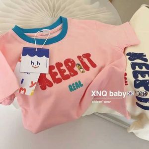 T-Shirts 100% Baumwollkinderkinder kurzärmelige Sommer neue Jungen und Mädchen gedrucktes T-Shirt Lose Baby Halbschlärm Top süßes Y240521