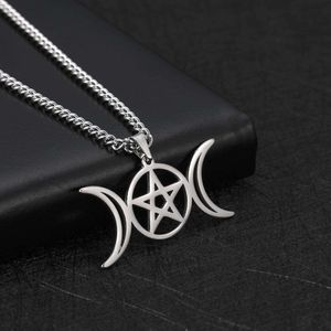 Naszyjnik Bogini Stali nierdzewnej dla kobiet mężczyzn Pentagram Moon Wicca Biżuteria Magia wisiorek Pentacle Witch Amulet Bijoux