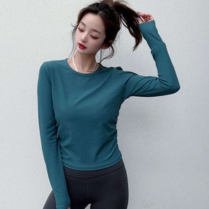 L-09 Crop Tops Ribbed Women Yoga T-shirts Outfits Solid Sports Top Long Sleeve Running Shirts Sexy Exposed Navel Quick Dry Fitness Gym Sport Wear