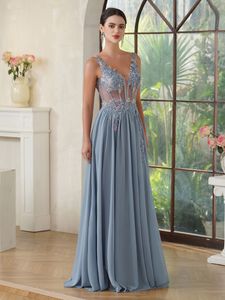 New Sexy Backless Evening Dresses 2024 Dark Navy Chiffon Appliques A Line Sheer V Neck Long Party Prom Gowns CPS3038