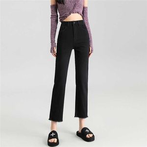 Black Straight Leg Jeans for Womens Autumn and Winter Plush Versatile Slim Pants with a High Waist 9/8 Short Furry Edge Smoke Pipe