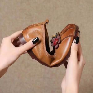 Elder Vintage Floral Ballet Flats Women's Genuine Leather Shallow Shoes Mom Driving Loafers Ladies Retro Cozy Green Moccasins