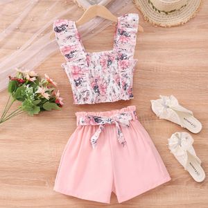 Clothing Sets New Girls Clothing Sleeveless Flowers with Belt Shorts Set Fashion and Beautiful Childrens Clothing for Girls Kids Clothes Y240520JN2R