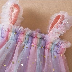 Verão criança meninas meninas princesas vestido floral malha tule tutu arco -íris lantejoulas roupas de aniversário vestidos de festa infantil