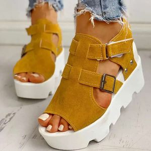 Sandaler Ladies Woman Hook Loop Summer Platform Female Flock Peep Toe Wedges High Heels Shoes For Women D57