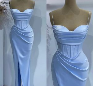 Light Sky Blue Elegant Satin Evening Dresses Corset Spaghetti Straps Ruched Women Long Prom Party Glänningar Sexig delad golvlängd andra mottagning Formell klänning CL3570