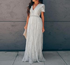 Modeklänningar kort ärm sexig vneck virkning ihålig sommar maxi vit fest klänning lång casual prom afton klänning7756556