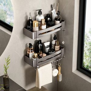 Scaffali da bagno a muro angolare pistola grigia grigia in alluminio portapattonate porta organizzatore con asciugamano a gancio accessori da cucina