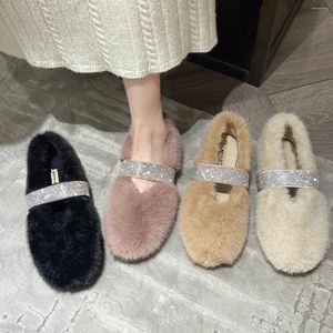 Sıradan Ayakkabı Pembe Kürk Loafers Kadın Lüks Kürklü Bale Daireler Bayanlar Kış Sıcak Peluş Partisi Bling Rhinestone Kemer